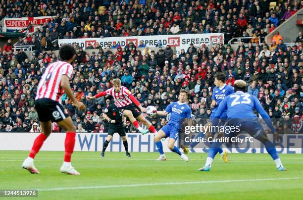 Jack Clarke of Sunderland has a shot during the Sky Bet Championship between Sunderland and Cardiff City at Stadium of Light on November 5, 2022 in...