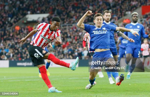 Amad Diallo of Sunderland has a shot during the Sky Bet Championship between Sunderland and Cardiff City at Stadium of Light on November 5, 2022 in...