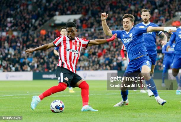 Amad Diallo of Sunderland has a shot during the Sky Bet Championship between Sunderland and Cardiff City at Stadium of Light on November 5, 2022 in...