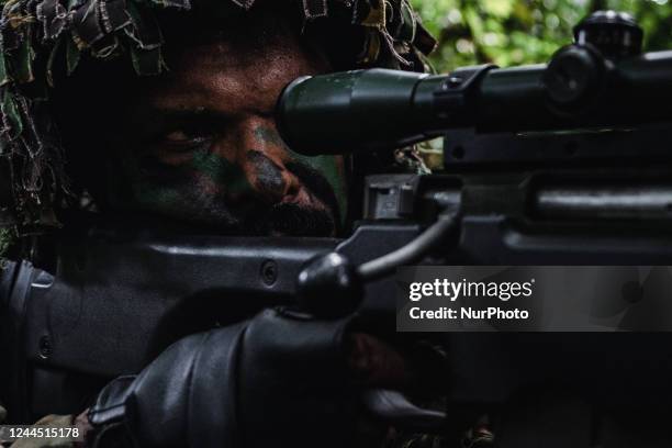 Special Task Force soldiers during a training at Katukurunda Camp on November 05, 2022 in Katukurunda, Sri Lanka. The Special Task Force is an elite...