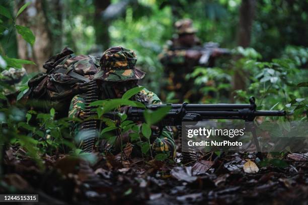 Special Task Force soldiers during a training at Katukurunda Camp on November 05, 2022 in Katukurunda, Sri Lanka. The Special Task Force is an elite...