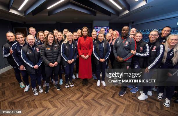 Britain's Catherine, Princess of Wales poses for a photograph with England Women's Rugby League players and the Canadian captain Gabrielle Hindley as...