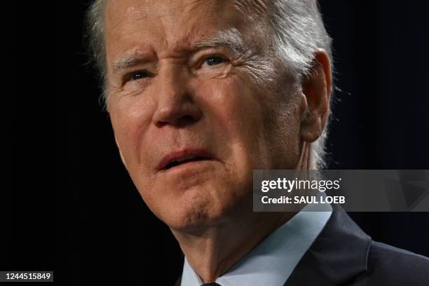 President Joe Biden speaks about lowering prescription drug costs and protecting Social Security and Medicare at Jones Elementary School in Joliet,...