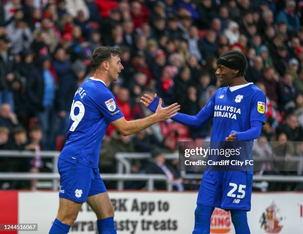 Mark Harris scores against Sunderland and celebrates with Jaden Philogene during the Sky Bet Championship between Sunderland and Cardiff City at...