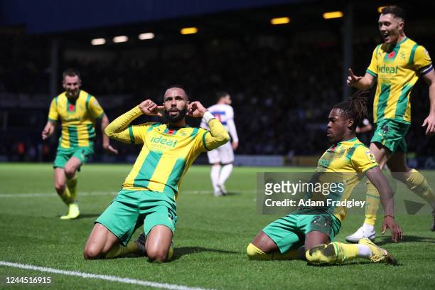 Kyle Bartley of West Bromwich Albion celebrates after scoring a goal to make it 0-1 with Brandon Thomas-Asante of West Bromwich Albion during the Sky...