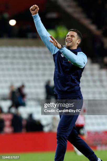 Cardiff boss Mark Hudson celebrates on the final whistle during the Sky Bet Championship between Sunderland and Cardiff City at Stadium of Light on...