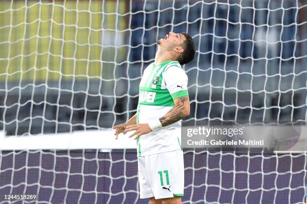 Agustin Alvarez of US Sassuolo reacts during the Serie A match between Empoli FC and US Sassuolo at Stadio Carlo Castellani on November 5, 2022 in...