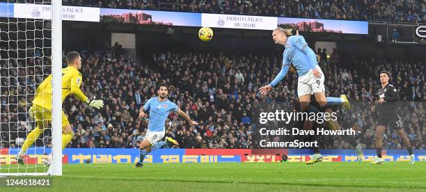 Manchester City's Erling Haland thought he had scored the second city goal during the Premier League match between Manchester City and Fulham FC at...