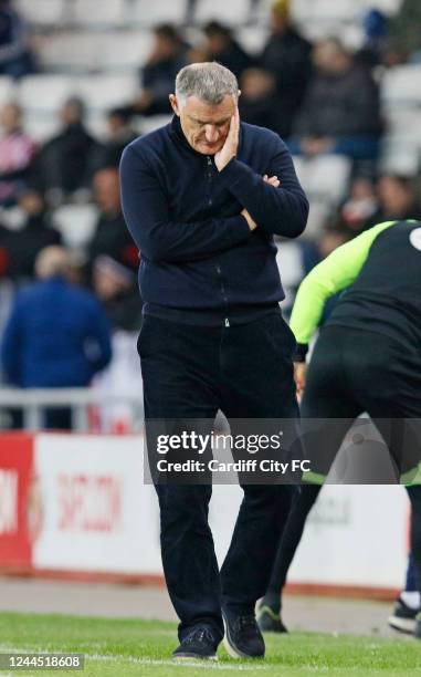 Sunderland head coach Tony Mowbray contemplates the result close to full time during the Sky Bet Championship between Sunderland and Cardiff City at...