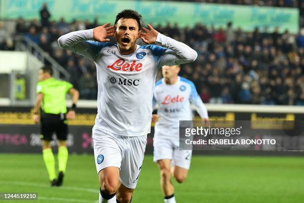 Napoli's Macedonian midfielder Eljif Elmas celebrates after scoring his side's second goal during the Italian Serie A football match between Atalanta...
