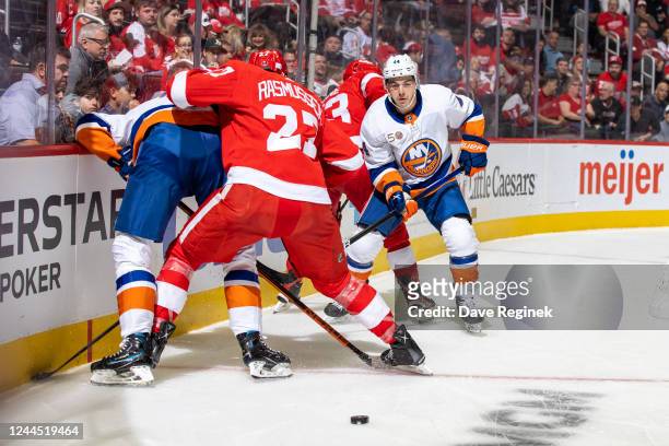 Jean-Gabriel Pageau of the New York Islanders skates towards a loose puck during the first period of an NHL game against the Detroit Red Wings at...
