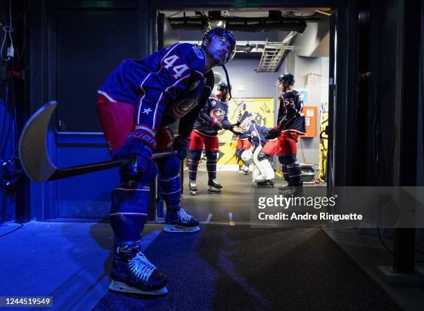 Erik Gudbranson of the Columbus Blue Jackets looks on prior to making his way to the ice for warmup prior to a game against the Colorado Avalanche...