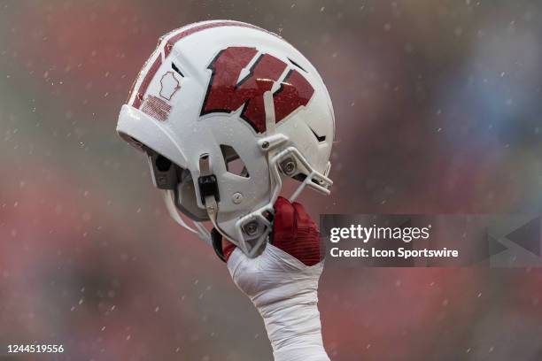 Wisconsin Badger helmet it held up in the rain before kick off durning a college football game between the Maryland Terrapins and the Wisconsin...