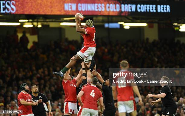 Wales's Chris Tshiunza claims the line out during the Autumn International match between Wales and New Zealand at Principality Stadium on November 5,...