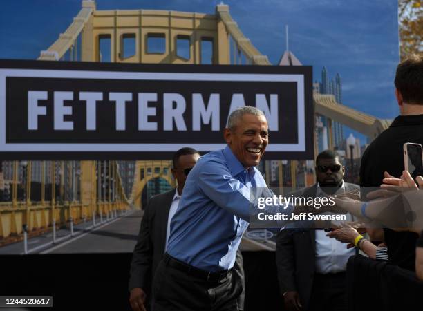 Former U.S. President Barack Obama speaks to supporters of Pennsylvania Democratic candidate for Senate John Fetterman at Schenley Plaza, on the...