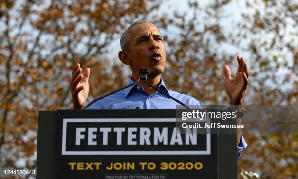 Former U.S. President Barack Obama speaks to supporters of Pennsylvania Democratic candidate for Senate John Fetterman at Schenley Plaza, on the...