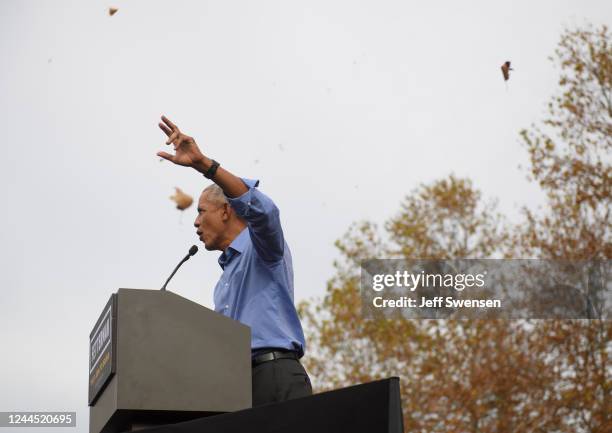 Former U.S. President Barack Obama speaks to supporters of Pennsylvania Democratic candidate for Senate John Fetterman at Schenley Plaza, on the...