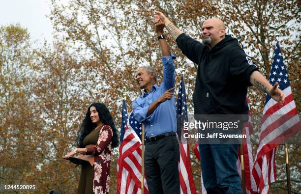 Former U.S. President Barack Obama introduces Pennsylvania Democratic candidate for Senate John Fetterman at Schenley Plaza, on the campus of the...