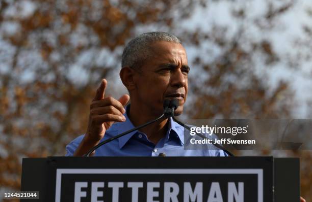 Former U.S. President Barack Obama speaks to supporters of Pennsylvania Democratic candidate for Senate John Fetterman at Schenley Plaza, on the...