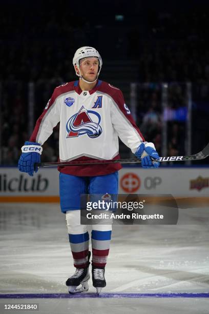 Mikko Rantanen of the Colorado Avalanche looks on during player introductions prior to the 2022 NHL Global Series Finland game against the Columbus...