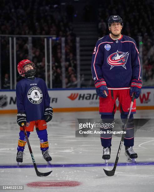 Patrik Laine of the Columbus Blue Jackets looks on during player introductions prior to the 2022 NHL Global Series Finland game against the Colorado...