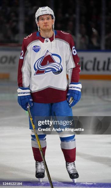 Artturi Lehkonen of the Colorado Avalanche looks on during player introductions prior to the 2022 NHL Global Series Finland game against the Columbus...