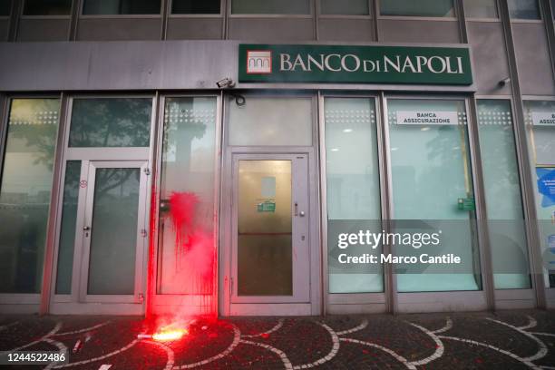 Branch of the Banco di Napoli bank, smeared with paint by the demonstrators, during the demonstration in Naples "We Rise Up", to protest the...