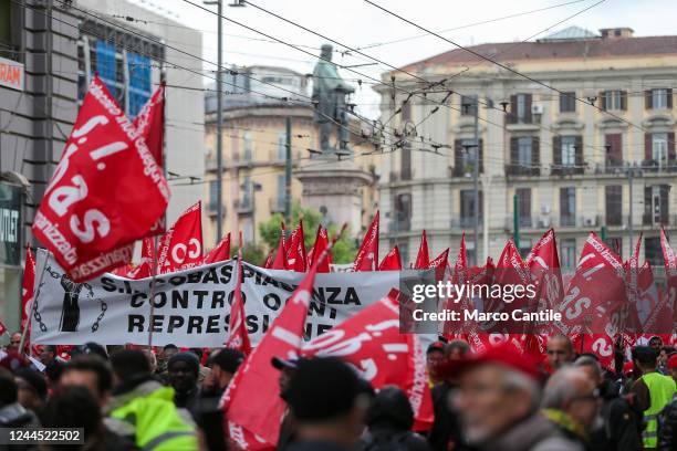 People with banners and flags, during the demonstration in Naples "We Rise Up", to protest against the inflation, the high energy prices and the lack...