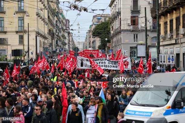 People with banners and flags, during the demonstration in Naples "We Rise Up", to protest against the inflation, the high energy prices and the lack...