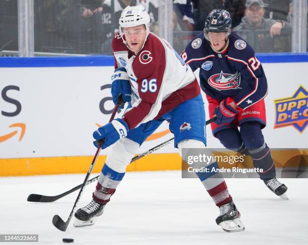 Mikko Rantanen controls the puck against the Columbus Blue Jackets during the 2022 NHL Global Series Finland at Nokia Arena on November 5, 2022 in...