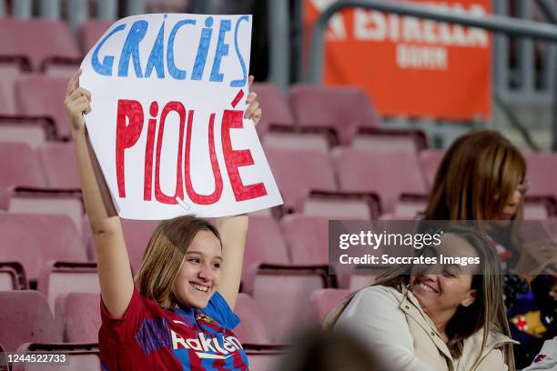 Supporters of FC Barcelona during the La Liga Santander match between FC Barcelona v UD Almeria at the Spotify Camp Nou on November 5, 2022 in...