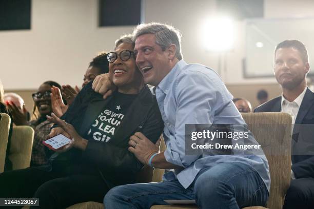 Democratic candidate for U.S. Senate Rep. Tim Ryan embraces Rep. Joyce Beatty during a Souls to the Polls rally at Mount Hermon Baptist Church on...