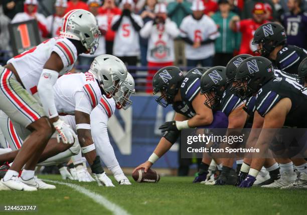 Ohio State Buckeyes and Northwestern Wildcats line up at the line during a college football game between the Ohio State Buckeyes and the Northwestern...