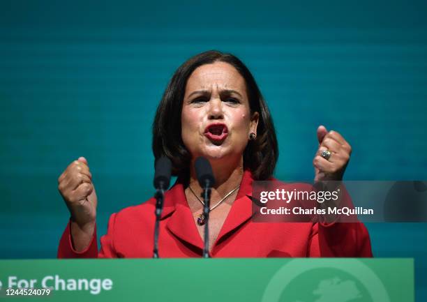 Sinn Fein president Mary Lou McDonald addresses the Sinn Fein Ard Fheis at the RDS Arena on November 5, 2022 in Dublin, Ireland. The Sinn Fein party...