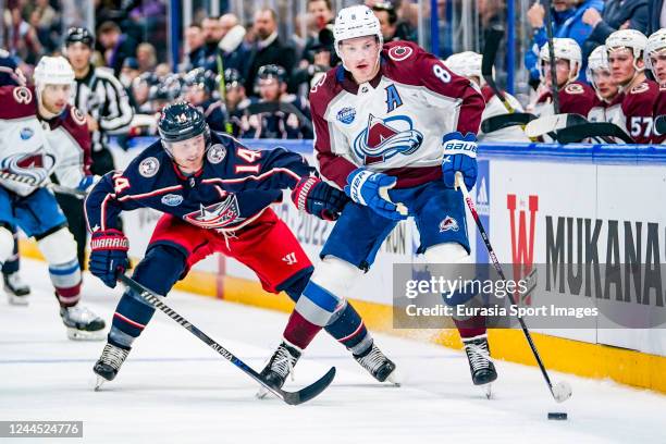 Cale Makar of Colarado against Gustav Nyquist of Columbus during the 2022 NHL Global Series - Finland match between Colorado Avalanche and Columbus...