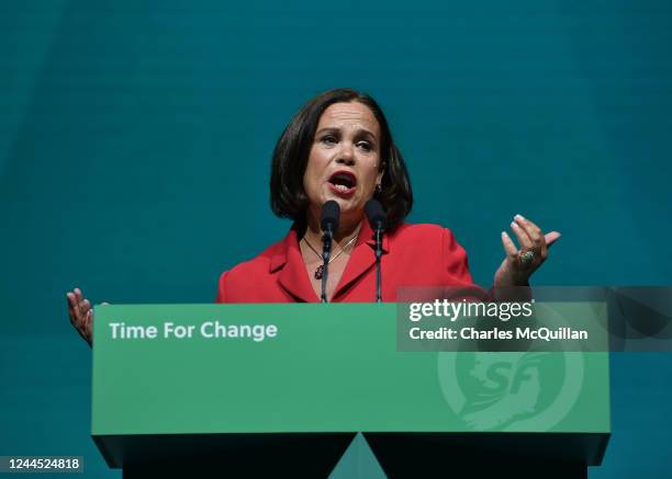 Sinn Fein president Mary Lou McDonald addresses the Sinn Fein Ard Fheis at the RDS Arena on November 5, 2022 in Dublin, Ireland. The Sinn Fein party...