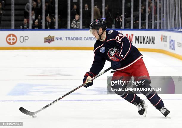 Columbus Blue Jackets' Patrik Laine controls the puck during the 2022 NHL Global Series ice hockey match Colorado Avalanche vs Columbus Blue Jackets...