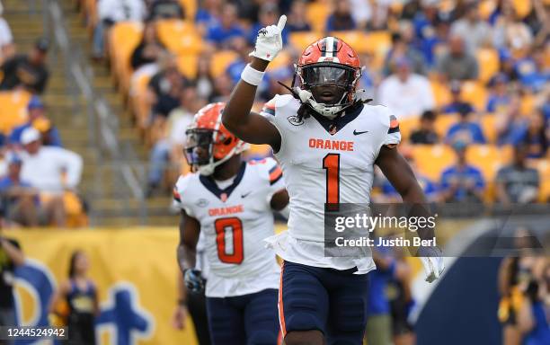 Ja'Had Carter of the Syracuse Orange reacts after making an interception in the first quarter during the game against the Pittsburgh Panthers at...