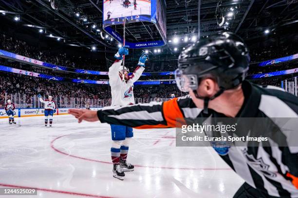 Martin Kaut of Colarado celebrates his goal during the 2022 NHL Global Series - Finland match between Colorado Avalanche and Columbus Blue Jackets at...