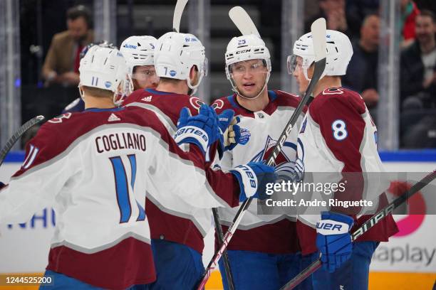 Logan O'Connor of the Colorado Avalanche celebrates his second period goal against the Columbus Blue Jackets during the 2022 NHL Global Series...