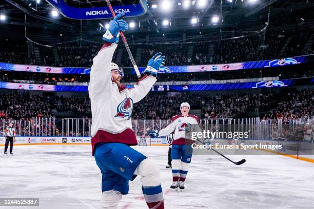 Martin Kaut of Colarado celebrates his goal during the 2022 NHL Global Series - Finland match between Colorado Avalanche and Columbus Blue Jackets at...