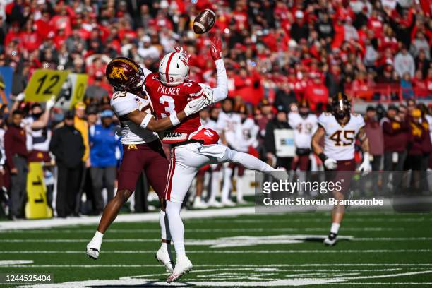 Defensive back Jordan Howden of the Minnesota Golden Gophers breaks up a pass intended for wide receiver Trey Palmer of the Nebraska Cornhuskers at...