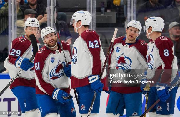 Martin Kaut celebrates his second period goal against the Columbus Blue Jackets with teammates during the 2022 NHL Global Series Finland at Nokia...