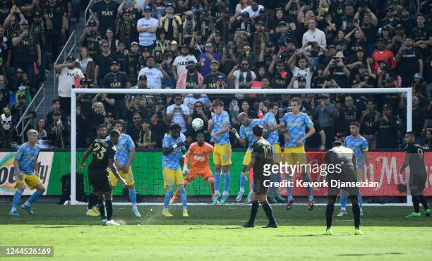Kellyn Acosta of the Los Angeles FC scores a gaol against Philadelphia Union during the first half of the 2022 MLS Cup Final at Banc of California...
