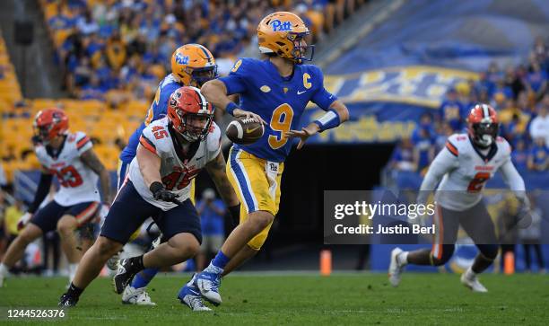 Kedon Slovis of the Pittsburgh Panthers drops back to pass in the second quarter during the game against the Syracuse Orange at Acrisure Stadium on...