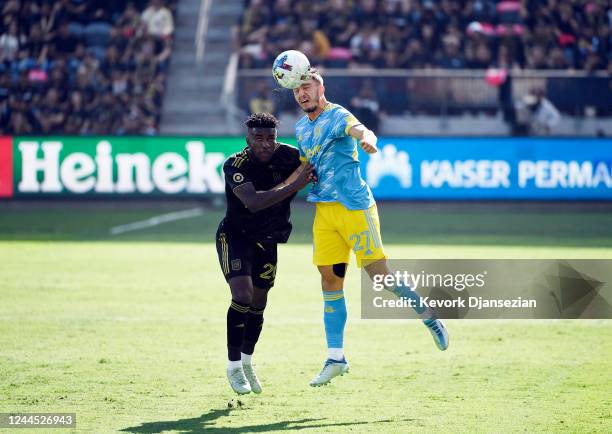 Kai Wagner of Philadelphia Union and José Cifuentes of Los Angeles FC battle for the ball during the first half of during the 2022 MLS Cup Final at...