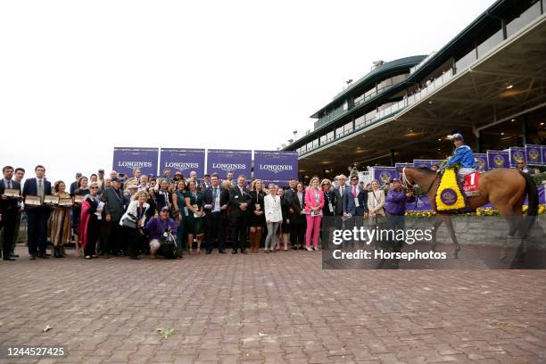 Malathaat, with John Velazquez aboard, wins the G1 Breeders' Cup Distaff for trainer Todd Pletcher at Keeneland Race Course on November 5, 2022 in...