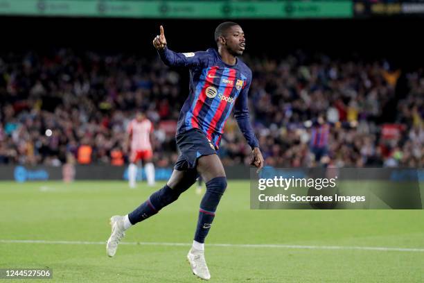 Ousmane Dembele of FC Barcelona celebrates 1-0 during the La Liga Santander match between FC Barcelona v UD Almeria at the Spotify Camp Nou on...