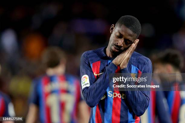 Ousmane Dembele of FC Barcelona celebrates 1-0 during the La Liga Santander match between FC Barcelona v UD Almeria at the Spotify Camp Nou on...