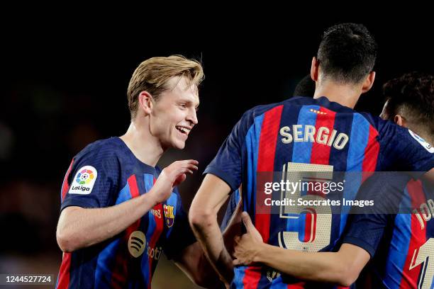 Frenkie de Jong of FC Barcelona celebrates 2-0 with b6, Jordi Alba of FC Barcelona during the La Liga Santander match between FC Barcelona v UD...